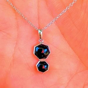 925 Sterling Silver Black Agate Gemstone Geometric Pendant Necklace